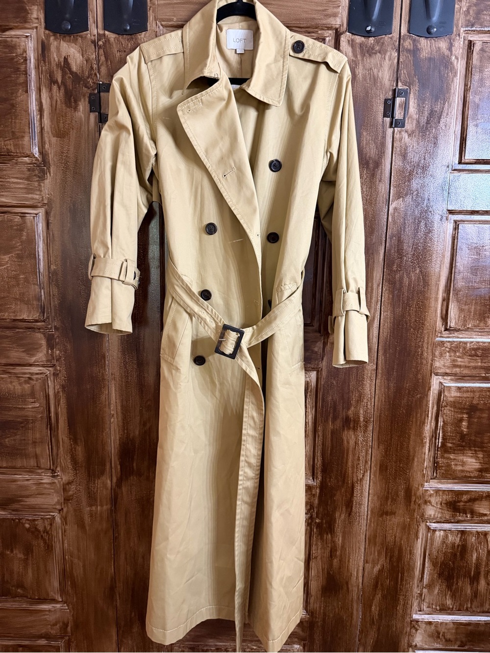 LOFT Double-Breasted Long Trench Coat in Khaki